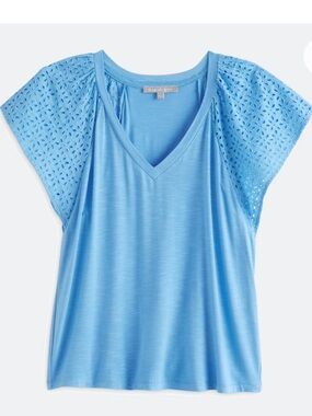 Daniel Rainn Sky Blue V-Neck Short Sleeve Mixed-Media Top